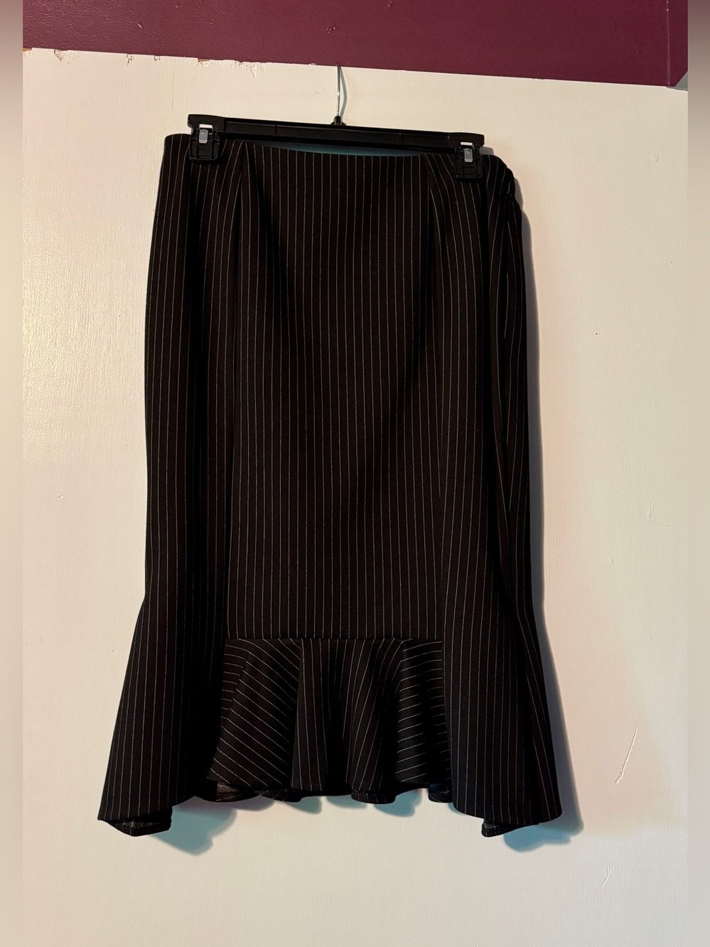 Express Black Pinstripe High-Low Flared Hem Skirt